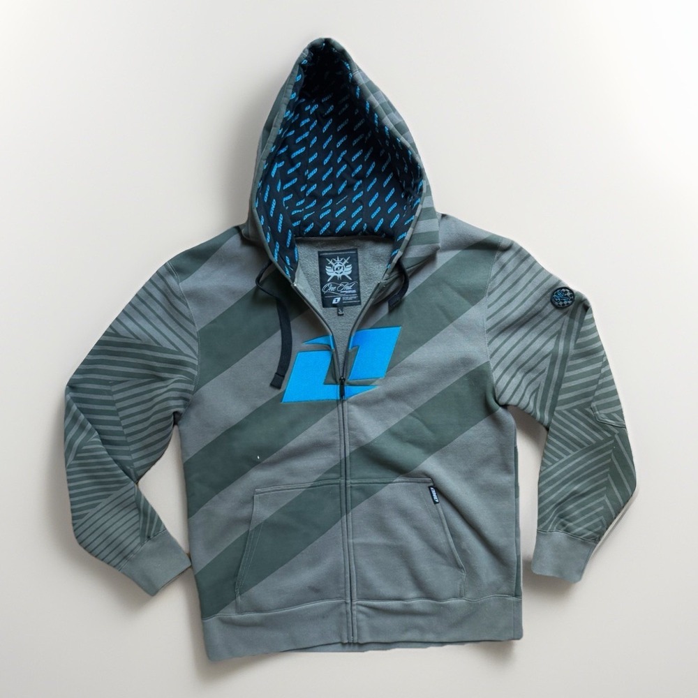 One Industries Zip Up Hoodie Mens Large Gray Blue Graphic Moto Y2K Jacket